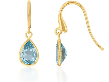 9ct Alluring Yellow Gold Blue Topaz Drop Earrings For Sale