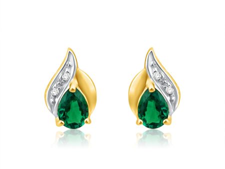 9ct Alluring Yellow Gold Created Emerald + Diamond Stud Earrings Sale