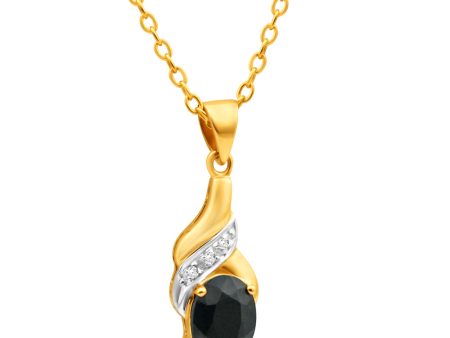 9ct Charming Yellow Gold Natural Black Sapphire 8x6mm and Diamond Pendant Sale