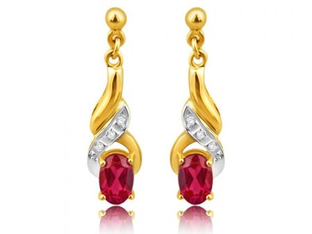 9ct Alluring Yellow Gold Created Ruby + Diamond Drop Earrings Online Sale