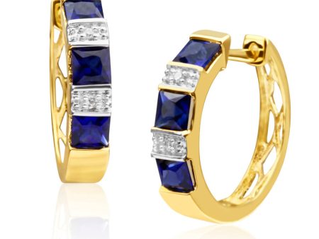 9ct Yellow Gold Created Sapphire and Diamond Hoop Earrings Online Hot Sale