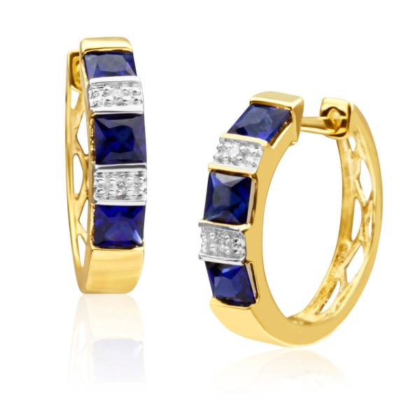 9ct Yellow Gold Created Sapphire and Diamond Hoop Earrings Online Hot Sale