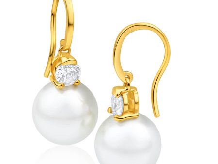 9ct Charming Yellow Gold 10mm Simulated Pearl and Cubic Zirconia Drop Earrings Online