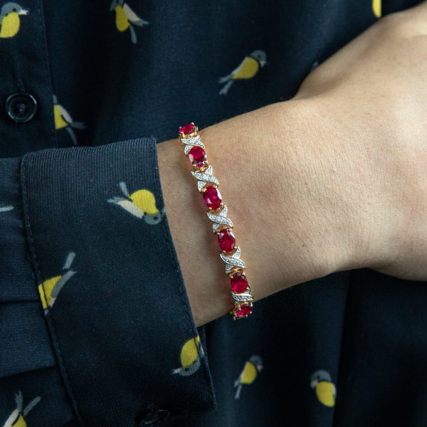 9ct Yellow Gold Created Ruby + Diamond 19CM Bracelet Online Sale