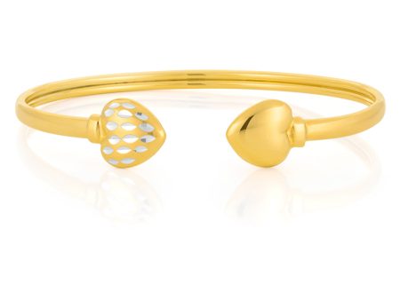 Silverfilled 9ct Yellow Gold Diamond-Cut Flex Heart Bangle For Sale