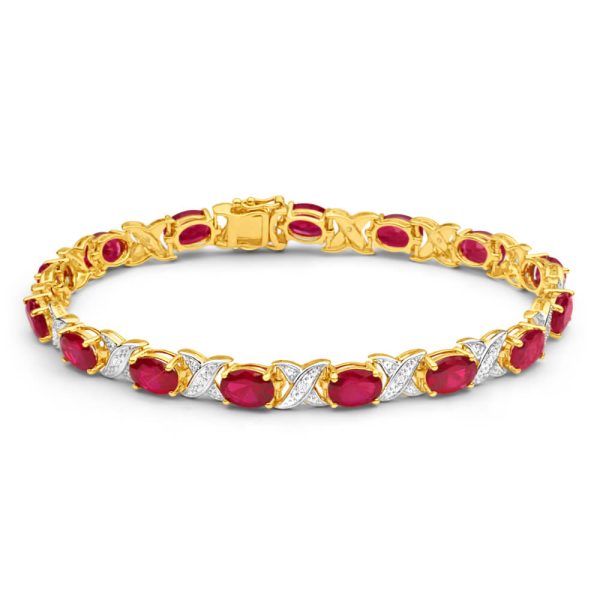 9ct Yellow Gold Created Ruby + Diamond 19CM Bracelet Online Sale