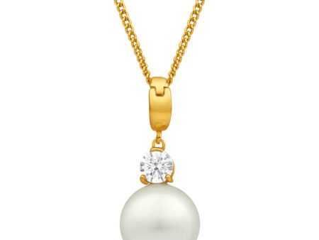 9ct Alluring Yellow Gold Cubic Zirconia and 12mm Simulated Pearl Pendant Cheap