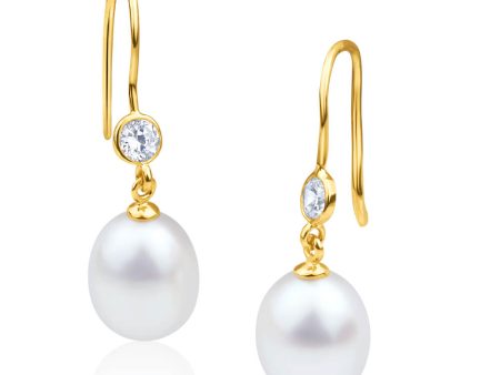 9ct Alluring Yellow Gold Freshwater Pearl and Cubic Zirconia Drop Earrings Discount