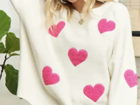 Puff Heart Sweater - Hot Pink on Ivory Cheap